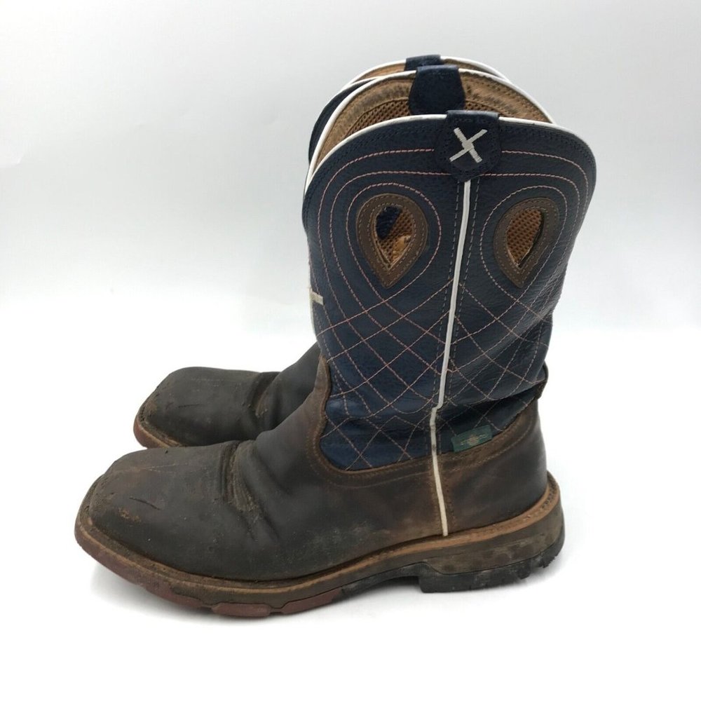 Twisted X Mens 11.5EE square toe alloy Cellstretch brown blue waterproof boots